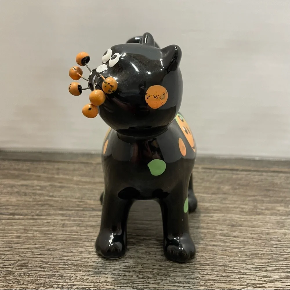 Halloween Black Cat Figurine. Whiskers wire ceramic. Whimsical. Pre-owned